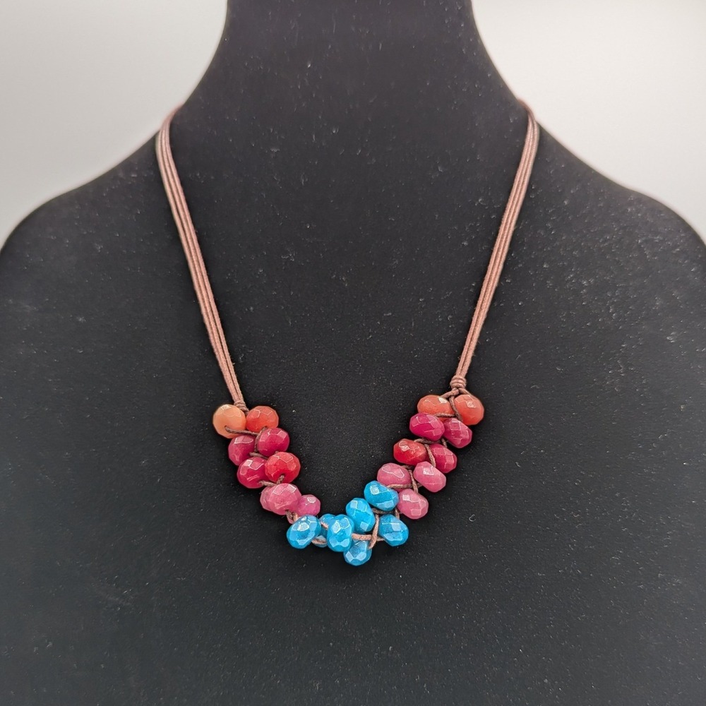 Fossil Beaded Cord Necklace Multicolor Faceted Adjustable Boho Flower Charm